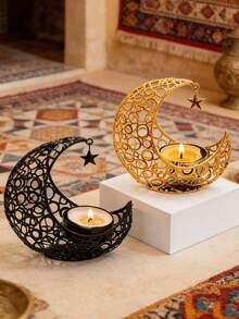 新月形烛台，伊斯兰风格锻铁空心烛台装饰，阿拉伯风格桌面烛台，奢华浪漫婚礼装饰，桌面装饰，空心香炉，家居装饰，手工艺品，烛台 - 彩色 - 查看 5