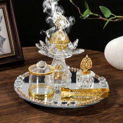 Luxury Diamond Crystal Lotus Incense Burner Set - Crafted From Natural Transparent Crystal Glass With Exquisite Gilded Detailing, Featuring Heat-Resistant Inner Glass. This 2026 New-Style Incense Burner May Be Paired With Candles. Multiple Sets Available.