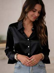 Ladies Elegant Black Long Sleeve Blouse With Button Details And Shirt Collar Silky Smooth Woven Top For Chic Everyday Style - Black - View 2
