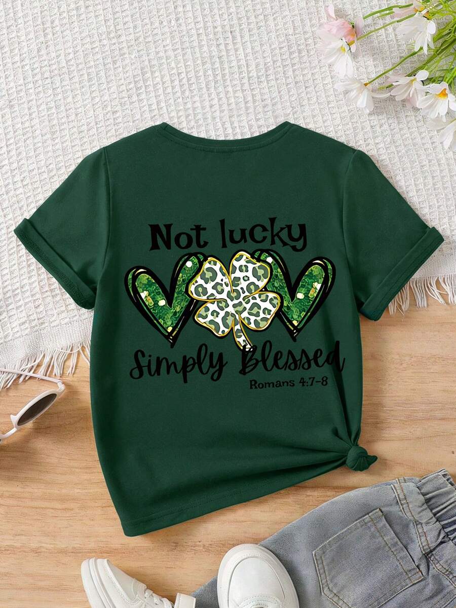 Girls' Casual Colorful Letter Print St. Patrick's Day Design Round Neck Short Sleeve Pullover T-Shirt, Spring/Summer New Arrival - Green - View 1