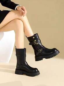 2025 Autumn New Women's Slim Boots, Pointed Toe Chunky Heel Boots, Western Style With Fur Lining - Black - View 1