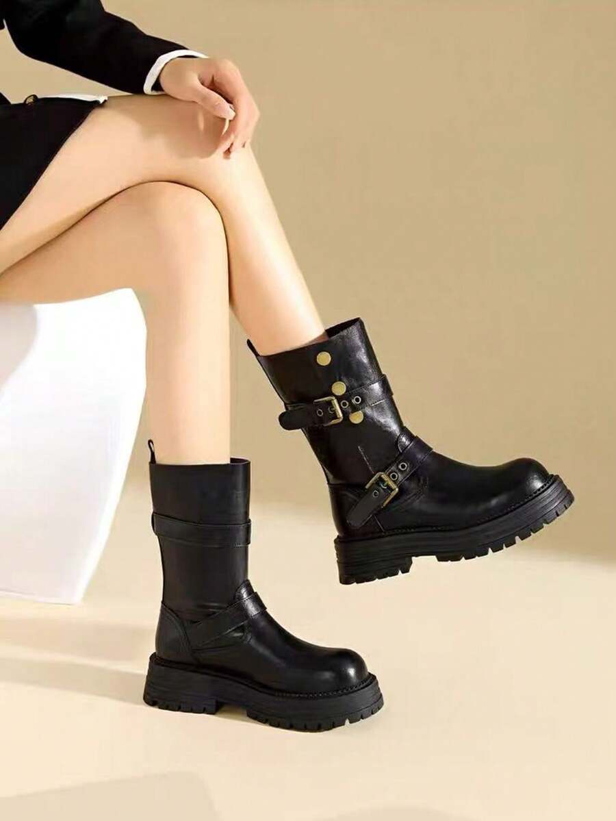 2025 Autumn New Women's Slim Boots, Pointed Toe Chunky Heel Boots, Western Style With Fur Lining - Black - View 1