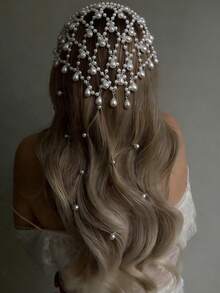 1pc Silver Mesh Hair Chain With Sparkling Crystal Water Drop Pendant Headpiece, Bridal Hair Accessory, Hair Vine Chain - Silver - View 5