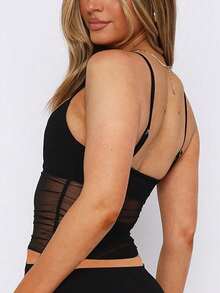 1 Piece Black Deep V-Neck Mesh Insert Sleeveless Tank, Sexy Elegant Bodycon Backless Top For Women, Perfect For Date Night, Evening Party And Special Occasions - màu đen - Xem 2