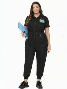 cimmuovere Uniforme de enfermera informal con cremallera frontal, manga corta y cintura con lazo para mujer de talla grande, para dentistas, personal de salud, veterinaria y laboratorio, color negro, primavera - Negro - Ver 5