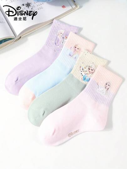 Disney 1/4 Pair Children's Socks, Featuring Elsa From Frozen, Suitable For Boys And Girls, Great For Daily Wear, Outdoor Activities, School, And Home (Holiday Gift), Suitable For Spring, Summer, Autumn And Winter