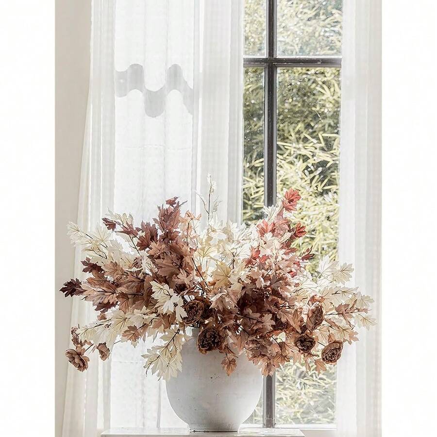 11 Pack 38 Inch Artificial Fall Maple Leaf Stems, Beige Maple Leaf Fall Branches For Vases Centerpieces Autumn Harvest Festival And Than1ks 1giving Day - 米色楓葉 - 查看 1