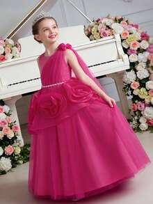 Children's Princess Dress, Tulle Skirt, Flower Girl Tween Girl Dress, Long Gown For Christmas Performance, Runway, Wedding, Emcee, Piano Recital (Please Refer To The Size Chart In The Product Details To Select The Appropriate Size) - 玫紅色 - 查看 2