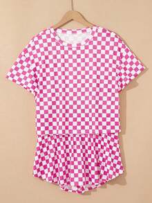 Acelitt Conjunto de 2 piezas de camiseta y falda de cintura alta de punto con estampado de tablero de ajedrez en estilo retro Y2K para mujer, adecuado para uso casual y en casa - Rosa Fucsia - Ver 4