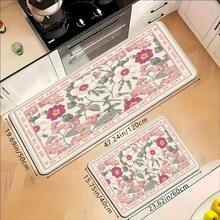 1/2/3pcs HUAJI Luxury Soft Pink/Beige/ Floral Non-Slip Mat - Heavy-Duty Rectangular Mat, High-Density Mat, Bathroom, Hallway - Machine Washable, Pink Tulip & Green Leaf Pattern (Easy Clean) - 17x24+17x47吋(2件) - 查看 12
