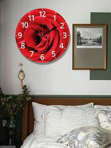 1pc Rustic Style Wall Clock With Red Rose Pattern - Silent Non-Ticking Wooden Clock, Suitable For Living Room, Bedroom, Office - Battery Powered - Decorative Round Clock Set, 1 Piece (Batteries Not Included) - Multicolor - View 3