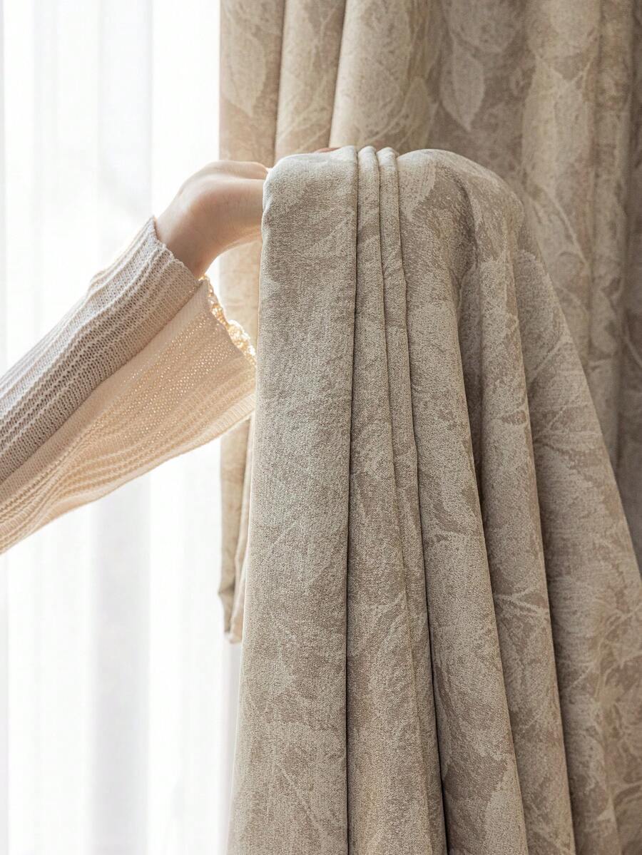 1件法式提花叶子印花遮光窗帘，高端奢华复古窗帘装饰，适用于卧室和客厅 - 米色 - 查看 1