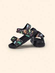 男童时尚休闲百搭印花趣味长颈鹿图案魔术贴沙滩凉鞋，夏季 - 黑色 - 查看 1