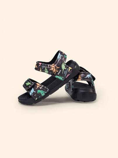 Boys' Fashionable Casual Versatile Printed Funny Giraffe Pattern Hook And Loop Strap Beach Sandals, Summer