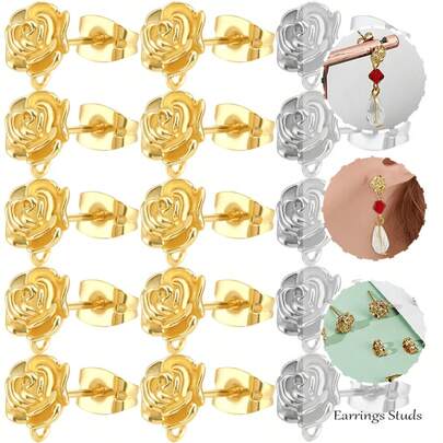 KMEOSCH 20 piezas/24 piezas (10 piezas/12 piezas de pendientes con forma de rosa de latón con un solo bucle para pendientes colgantes DIY + 10 piezas/12 piezas de cierres de pendientes)