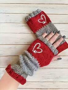 Vintage Heart Decor Fingerless Gloves - Elastic Wrist Cuffs, Soft Stretchy Sleeves, Fingerless Design, Suitable For Walking Dogs And Casual Winter Outfits (Black/Gray, Hand Wash) - Gift For Pet Lovers, Fashionable Ladies Knitted Gloves With Heart Patch, Warm And Comfortable