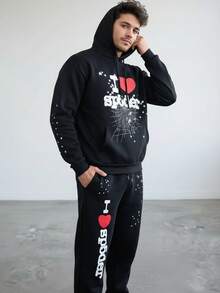 Classic Letter-Printed Men's And Women's Casual And Fashion Fleece Hooded Sweatshirt And Pants Set - Black - View 4