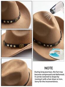 一顶男女通用的西部牛仔帽，饰有可拆卸的牛头铆钉 - 100% 涤纶手工编织爵士高顶帽，采用轻便无弹性设计，适合户外活动、骑马、派对舞台表演、生日派对等场合，夏季、海滩、假日皆宜。 - B - 查看 4