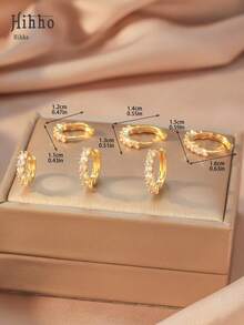 Hihho 3 Pairs Elegant & Fashionable Women's Jewelry Earrings Set, Featuring Various Designs Such As Fully Paved Rhinestone, Waist Chain, And Twisted Rope, Suitable For Daily Commute, Dates, Parties, Can Be Worn Alone Or Stacked, Matching Multiple Styles - Yellow Gold - View 9