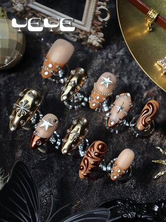 10片杏仁形假指甲，棕色、香槟色、金色、裸色，秋季美甲，经典法式美甲贴纸，自然肤色，3D装饰元素，棕色铬金，金属色，水钻装饰，星星，金属美甲贴片，欧美风全覆盖假指甲套装，波西米亚美人鱼白色蝴蝶星星北欧风全覆盖亚克力按压式美甲