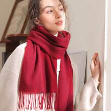 1pc Long Faux Cashmere Solid Color Casual Polyester Scarf, Elegant Twill With Tassels Solid Color Cashmere Scarf For Women, Fashionable Casual Windproof Warm Shawl, Comfortable Blanket Scarf, Suitable For Daily Wear, Valentine's Day Accessory - Burgundy - View 5