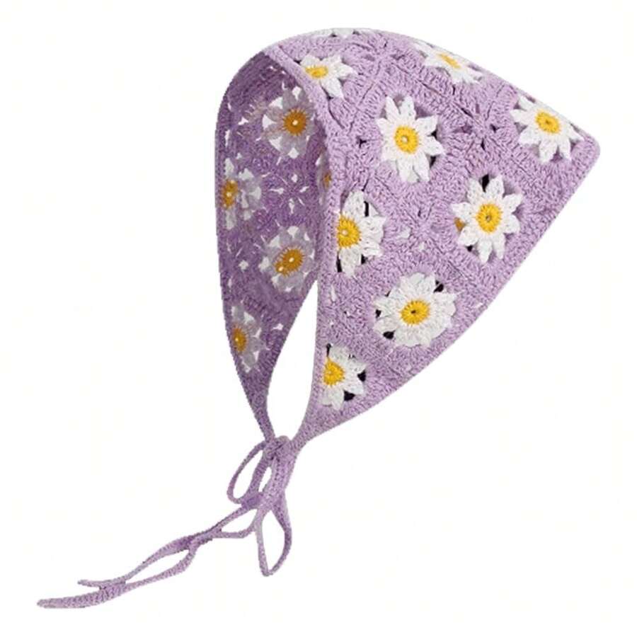 Crochet Bandana Head Kerchief Knitted Hair Scarf Boho Vintage Headbands Triangle Hair Tie Handmade Floral Hair Headwrap - 樣式15 - 查看 1