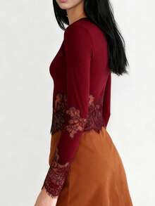 Blusa de encaje con cuello redondo y manga larga para mujer, corte ajustado, para fiesta, primavera y verano - Rojo - Ver 8