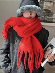 1 szt. Gruby, puszysty szalik z frędzlami w kolorze makaronikowym, modny, odporny na zimno szal dla par, miękki i wygodny szalik, odpowiedni do codziennego noszenia jesienią/zimą - Wielokolorowe - Zobacz 2