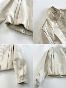 OUTTA BOX 极简立领纯素皮革修身夹克，时尚纯色仿皮机车外套，肩部饰有袢带，优雅春季外套 - 米色 - 查看 5