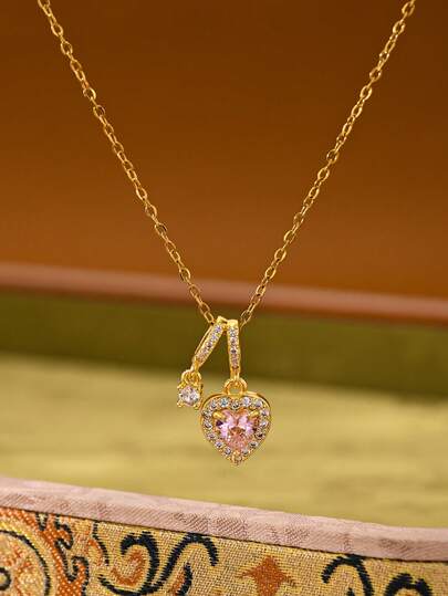 1pc 18K Gold Plated Stainless Steel Necklace With Cubic Zirconia Heart Pendant, Versatile Elegant Luxury Style, Suitable For Women's Daily Wear, Party, Gift For Girlfriend, Social Gifting, Material, Classic Eternal Design, High Quality Minimalist Style, Valentine's Day Gift, Multi-Pendant