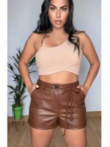 Women's Leather Shorts With Drawstring Belt - - Rỉ Nâu - Xem 2