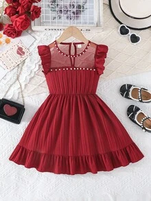 4-7 Years Old Girls Elegant Beaded Cap Sleeve Princess Style Dress - Red - View 1