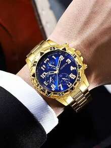 4-Piece Set: Fashionable Business Casual Men's Watch With Large Dial, Stainless Steel Band, Quartz Movement, Paired With Personalized Chain Bracelet, Cross Pendant Necklace, And Ring Jewelry Set, Suitable For Men's Gifts, Holidays, Business, Parties, And Daily Wear - Gold - View 5