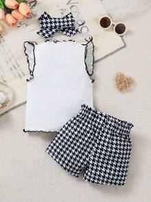 2pcs Baby Girls Casual Cute Fashion Letter Heart Embroidered Ruffle Trim Flare Sleeve Top And Plaid Shorts With Headband Set, Spring/Summer - Black and White - View 2