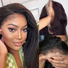 4B&4C 蓬松卷曲边缘隐形绑带蓬松直发 250 密度 13x6 深分缝高清透明蕾丝前额假发 真人发 即戴即用 无胶抽绳巴西柔软蓬松直发假发 女士专用 预先拔毛 带有卷曲婴儿发，如同您自己的头发 - Natural Black - 查看 9