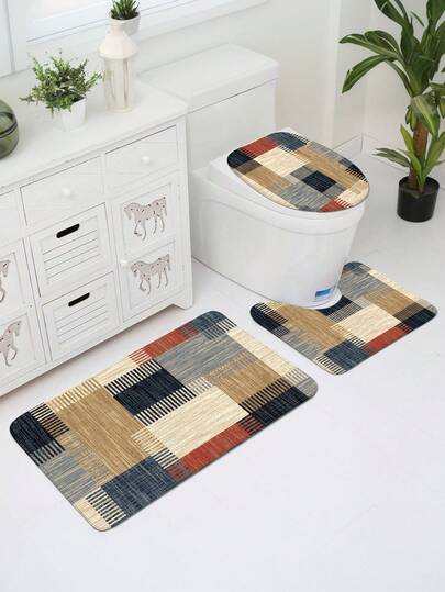 1pc/3pcs Vintage Moroccan Patchwork Pattern Bathroom Mat, Foldable & Easy Care Carpet Rug, Rectangular Design, Suitable For Bathroom Shower Area, Toilet Entrance, Bathroom, Bedroom, Living Room, Dining Room Decor, Indoor/Outdoor Non-Slip Mat, Home Decor, Holiday Gift, Spring/Summer Decoration