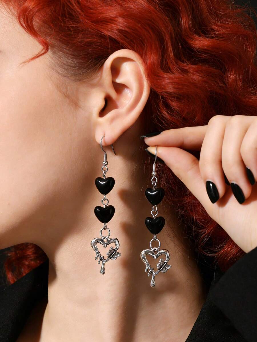 1 Pair Punk Style Black Heart Tassel Butterfly Earrings, Fashion Versatile Butterfly Dangle Earrings For Women - Silver - View 1