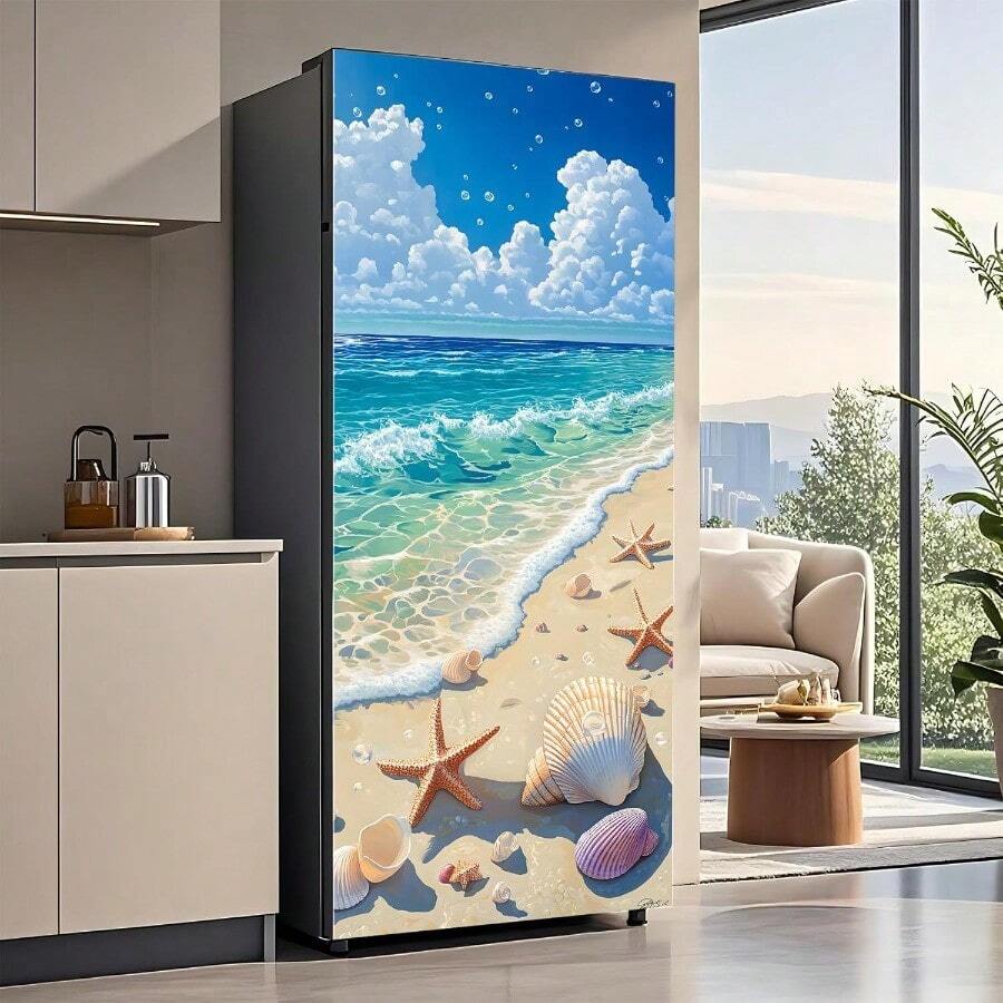 Self-Adhesive Refrigerator Wrap Set - Removable Vinyl Fridge Stickers, Peel & Stick Door Mural Decor For Kitchen, Bar, Office 32.3x78.7 - Bãi biển - Xem 1
