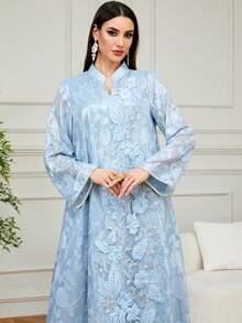 Áo choàng Kaftan thanh lịch dành cho nữ, cổ chữ V, thêu và đính cườm, kiểu Jalabiya dài, thích hợp cho tiệc tùng, hẹn hò, mặc hàng ngày và nghỉ lễ Eid ở nhà vào mùa xuân. - Màu xanh lam - Xem 3