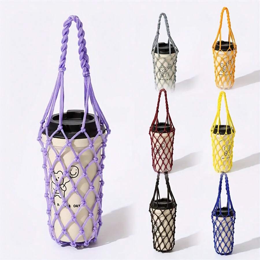 1pc Handmade Woven Net Bag, Reusable For Water Cup, Coffee, Portable Bottle Holder, Decoration, Storage, Suitable As Gift For Friends, Relatives, Classmates - Multicolor - View 1