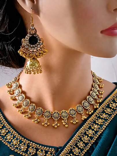 2 Pieces -Style Alloy Vintage Turquoise Teardrop Necklace And Earring Set For Women, Brides, And Wedding Accessories.