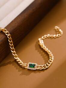 1pc Fashionable Minimalist Copper Alloy Chain With Single Sparkling Green Cubic Zirconia Stone, Suitable For St. Patrick's Day, Parties, And Daily Wear, Unique And Premium Girl Jewelry Bracelet - Gold - View 2