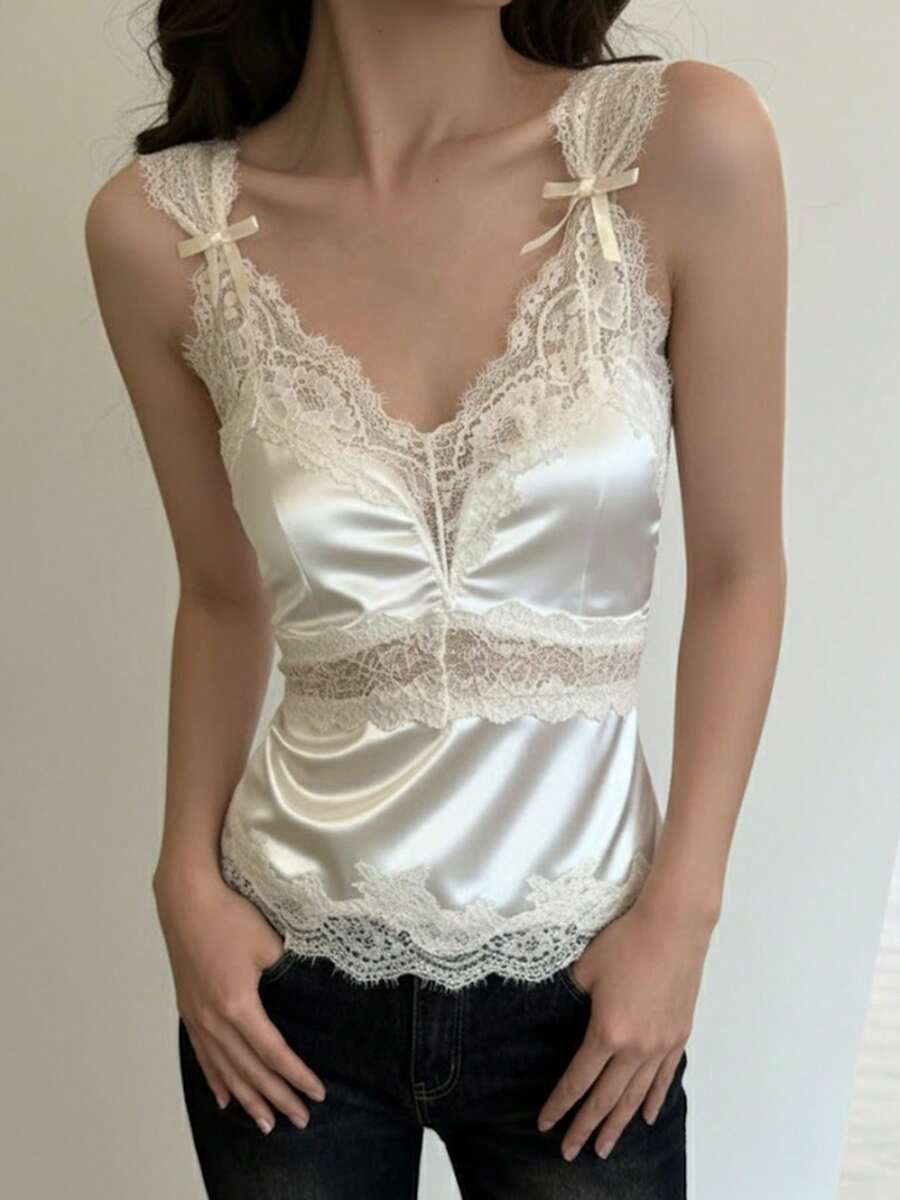春夏新款蕾丝拼接V领性感蝴蝶结透视吊带背心（女款） - 香檳色 - 查看 1