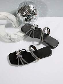 女士法式水晶装饰凉拖，夏季新款，适合搭配连衣裙，低跟设计，适合海滩、居家、休闲、派对、外出、约会等场合。 - 黑色 - 查看 7