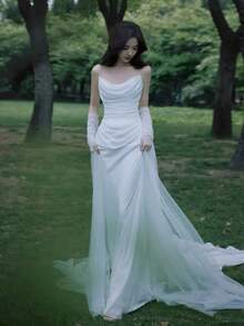 飘逸婚纱披肩，薄纱新娘披肩，适用于婚礼仪式、晚宴礼服、活动主持人、晚礼服装饰。拖尾袖设计，秋季女装配饰。 - 彩色 - 查看 11