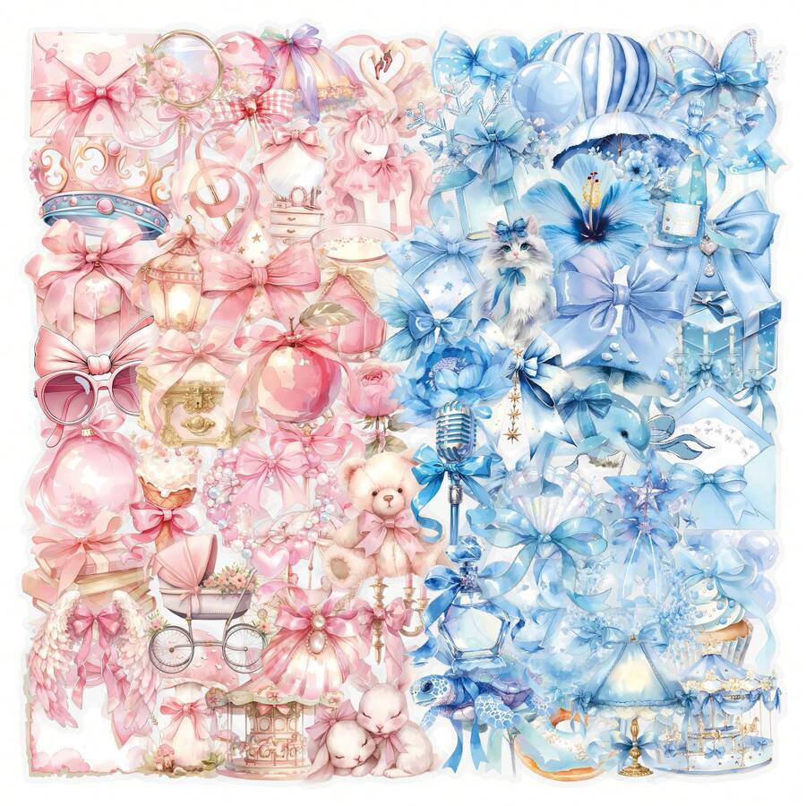 125张粉蓝色透明PET薄膜贴纸，色彩鲜艳，美观大方，适用于水瓶、日记本、笔记本电脑、行李箱、保险杠、手机、剪贴簿、滑板车、头盔、汽车等，卡通贴纸和装饰贴花 - 彩色 - 查看 1