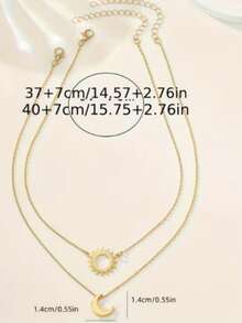 2pcs/Set Bohemian Style Stainless Steel Sun & Moon Decor Necklace, Suitable For All Seasons, Suitable As Gift, Party, Banquet Wear - Gold - View 4