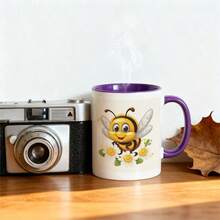 1pc Hardworking Bee Design Mug - 11oz Ceramic Coffee & Tea Cup With Cute Cartoon Bee, Daisies & Polka Dot Pattern - Perfect Gift For Elderly Men, Women, Birthdays, Mother's Day, Father's Day, Christmas, Bee Decorations For Home, Everyday Drinkware, Cheerful Kitchenware, Durable Drinkware - 紫色 - 查看 2