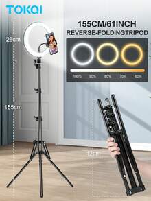TOKQI Phụ kiện chụp ảnh di động cỡ lớn có thể điều chỉnh, đèn LED 155cm/61.02in, đèn vòng xoay 26cm/10in với giá đỡ điện thoại linh hoạt, 3 nhiệt độ màu, 10 mức độ sáng, chân đế có thể kéo dài, thích hợp cho phát trực tiếp, chụp ảnh, quay video, trang điểm, selfie, tương thích với điện thoại thông minh. Quà tặng Ngày Phụ nữ, sinh nhật, kỷ niệm. - Bộ đèn vòng + chân đế - Xem 2