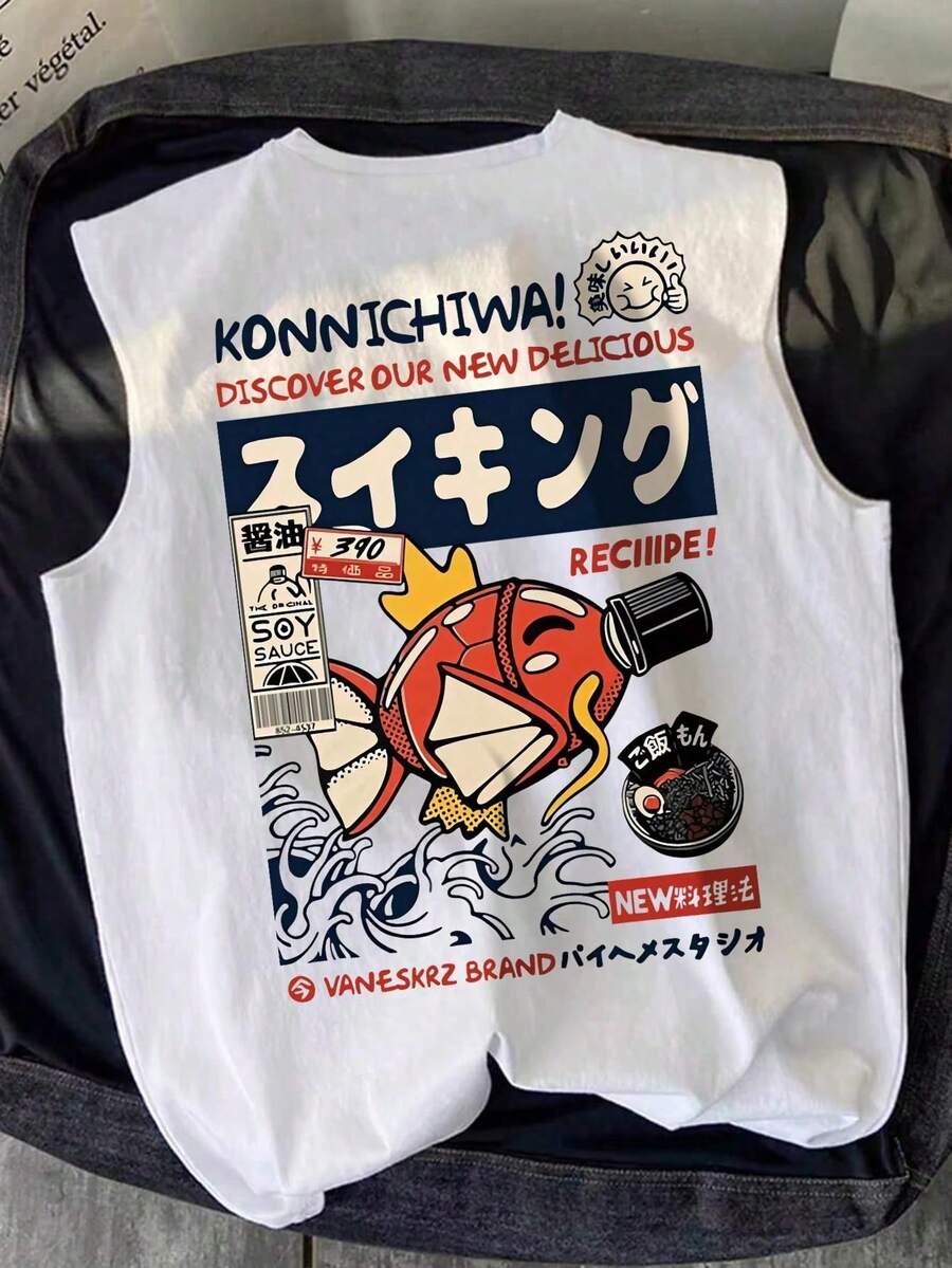 Men's Fashionable Cartoon Fish, Letter, Ramen, Number Printed Round Neck Top, Casual Daily Wear - White - View 1